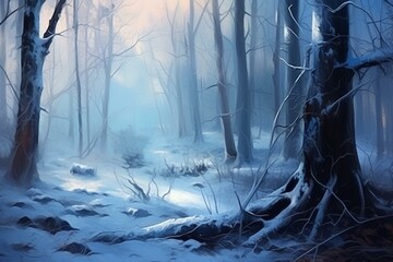 Winter landscape with snowy trees in a light mist. Serene forest scene. Generative AI