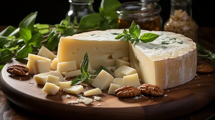 Italian cheese collection, matured pecorino romano hard cheese made from sheep melk, Italian pecorino cheese on a wooden rustic display
