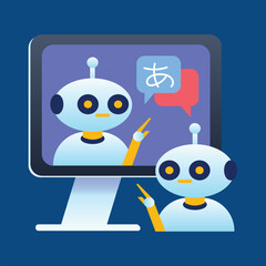 Ai translate application, chatbot speaking foreign language, illustration