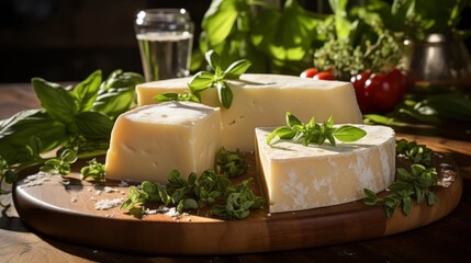 Italian cheese collection, matured pecorino romano hard cheese made from sheep melk, Italian pecorino cheese on a wooden rustic display