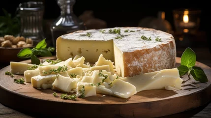Foto op Plexiglas Italian cheese collection, matured pecorino romano hard cheese made from sheep melk, Italian pecorino cheese on a wooden rustic display © ND STOCK