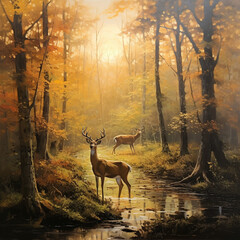 deer forest landscape oil painting