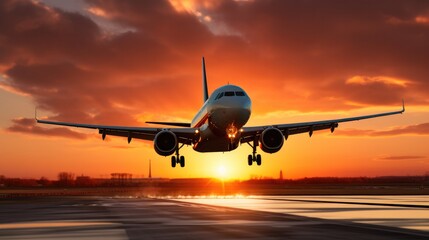 Passenger airplane taking off at sunset