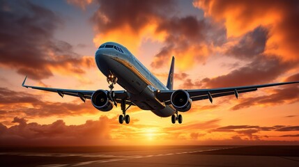 Fototapeta na wymiar Passenger airplane taking off at sunset