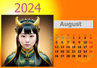 Calendar 2024 with girl-dragons head. Week start from Monnday.