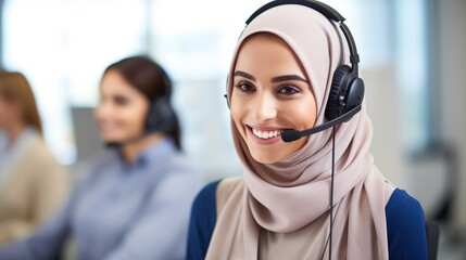 A muslim woman in jijab is wearing a headset. Call center operator working in call center.