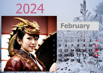 Calendar 2024 with girl-dragons head. Week start from Monnday.