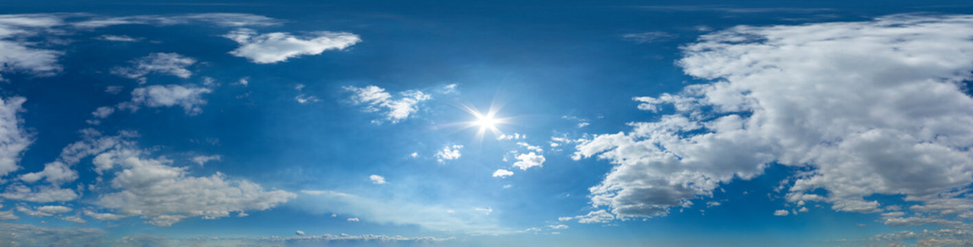 360 VR 2:1 equirectangular blue sky with clouds background overlay. Ideal for 360 VR sky replacement. High quality 300 dpi, adobe rgb color profile