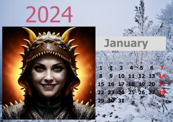 Calendar 2024 with girl-dragons head. Week start from Monnday.
