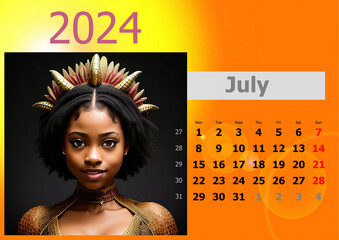 Calendar 2024 with girl-dragons head. Week start from Monnday.
