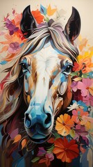A painting of a horse surrounded by flowers. AI image.