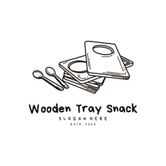 Wooden Tray Coffee with spoon Retro Vintage Line Art Logo Design