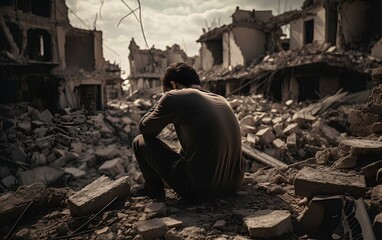A drooping crying man sitting on his knees on the ruins of a building. Military conflict. - obrazy, fototapety, plakaty