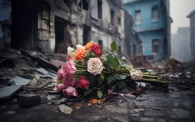 A bouquet of flowers lying on the ruins of a building in the city after a missile strike. Military conflict and great grief. - obrazy, fototapety, plakaty