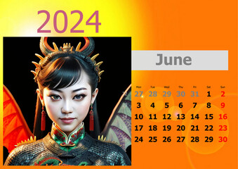 Calendar 2024 with girl-dragons head. Week start from Monnday.