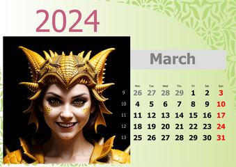 Calendar 2024 with girl-dragons head. Week start from Monnday.