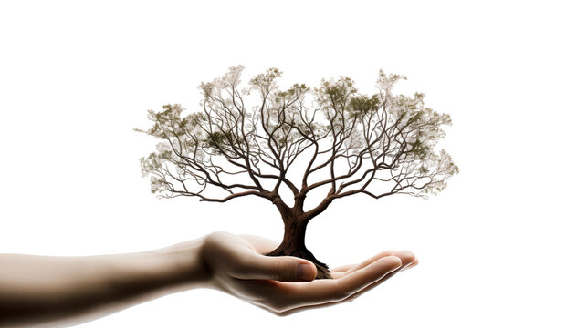 A tree with only branches left in my hand, isolated on transparent background, Generative AI