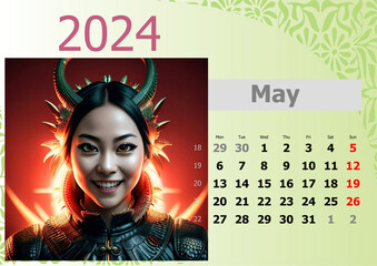 Calendar 2024 with girl-dragons head. Week start from Monnday.