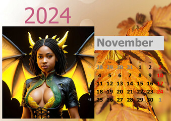 Calendar 2024 with girl-dragons head. Week start from Monnday.
