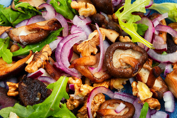 Fresh mushroom salad with walnuts on plate.