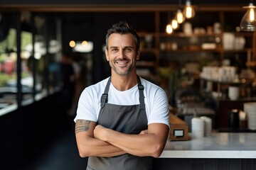 Stolzer Restaurantbesitzer oder Chef präsentiert sich vor seinem Restaurant oder Cafe. Mitarbeiter im Lokal oder Bistro bei der Arbeit als Kellner.  