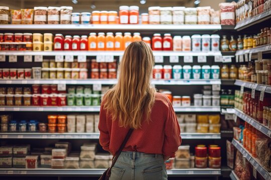 Frau von hinten in einem Drogeriemarkt beim Einkaufen. Supermarkt Ansicht mit Regalen und Produkten zur Auswahl.