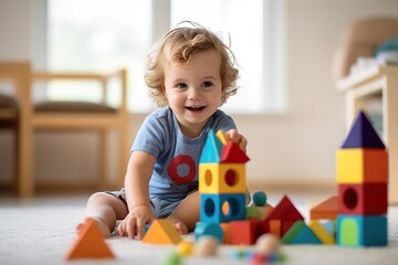 Kleinkind mit Baukötzen. Holzspielzeug für kleine Kinder im Kinderzimmer. Glückliches Kind beim spielen mit bunten Klötzen aus Holz.
