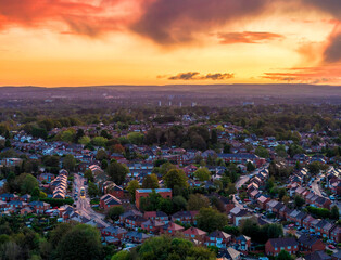 Aerial photo of Sunrise over Prestwich, Greater Manchester. 