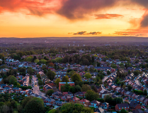 Aerial photo of Sunrise over Prestwich, Greater Manchester. 