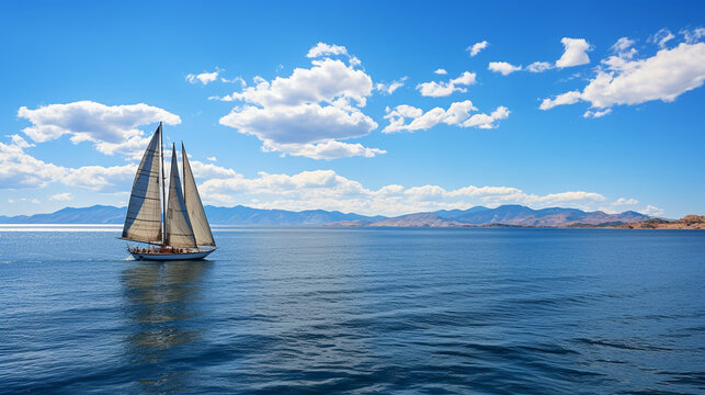 Sailboat Sailing: A sailboat gliding peacefully on the vast, open ocean under a clear blue sky.