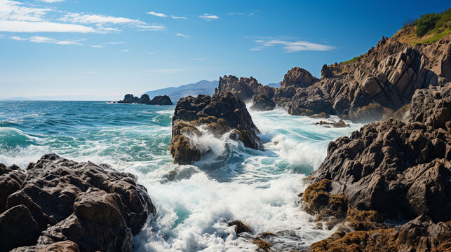 Rocky Shoreline: Rugged coastal rocks meeting the relentless waves, displaying the beauty of nature's forces.