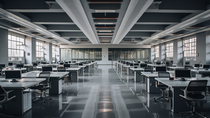 Naklejka premium a grey office with lots of tables and chairs in the style