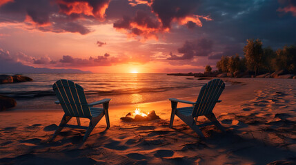Two empty lounge chairs side by side in front of a bonfire at sandy beach during tropical sunset - obrazy, fototapety, plakaty