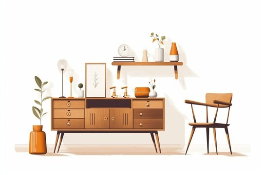 Retro and Nordic-themed design layout featuring wall, chair, and wooden console on white backdrop. Illustration with clipping path. Generative AI