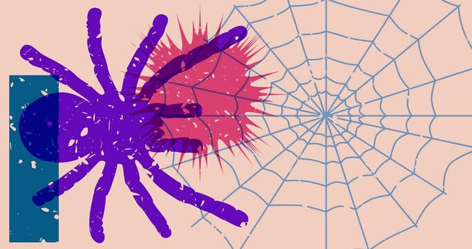 Spider Halloween risograph style video with geometric shapes. Moving object in trendy riso graph design animation.