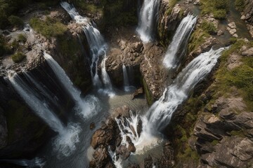 Fototapeta na wymiar Bird's-eye perspective of cascading waterfalls. Generative AI