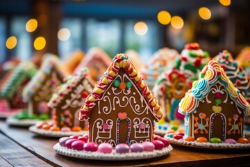 Fototapeta na wymiar Photo of these gingerbread House Delights: Explore these whimsical and delectable gingerbread houses adorned with a delightful array of candies and intricate icing designs. Created with generative AI 