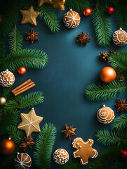 christmas decoration background with spruce branches,pinecone and gingerbread