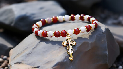 Natural stone jewelry bracelet. Lucky bracelet made of red white and black stone round with golden Christ cross or Jesus cross. Studio shot. - obrazy, fototapety, plakaty