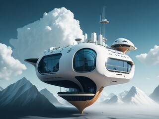 Una casa de juguete futurista, con líneas elegantes y un diseño minimalista, flotando en las nubes sobre un bullicioso paisaje urbano - obrazy, fototapety, plakaty