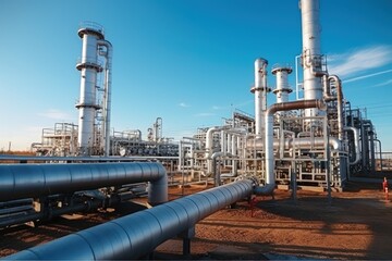 Large pipeline of a gas or oil distribution terminal. Liquefied natural gas and oil and their transportation are one of the basic parts of the modern world economy
