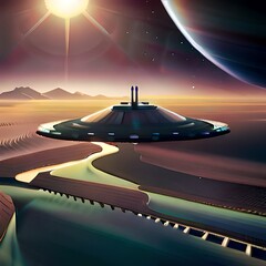 ufo over the city, futuristic planet