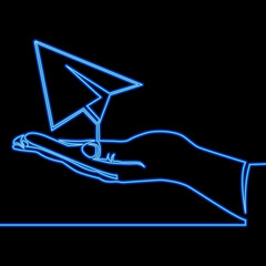 Continuous line drawing Hand launches into the sky airplane icon neon glow vector illustration concept of traveling