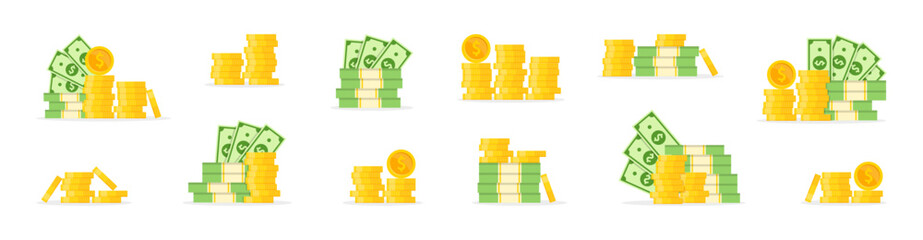 Set with cash bills and golden coins. Banknotes stack. Dollar bill packs and coins pile. Bank and finance. Profit, investment, income. Vector illustration.