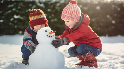 Two sibling children have fun creating a snowman on a sunny winter day in the backyard of their...