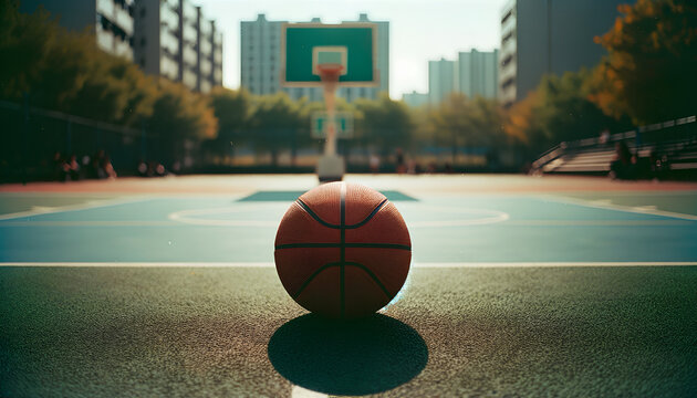 Quadra de basquete com a bola em destaque.