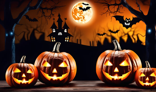 Halloween background with pumpkins and haunted house - 3D render. Halloween background with Evil Pumpkin. Spooky scary dark Night forest. Holiday event Halloween banner background concept