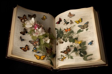 Book adorned with blooms and fluttering insects. Generative AI