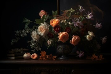 Obraz na płótnie Canvas A floral arrangement against a dark backdrop. Generative AI