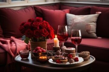 Fototapeta premium Romantic dinner at home, surprise for two with red wine and chocolate sweets in modern living room. Time together. Valentine day.